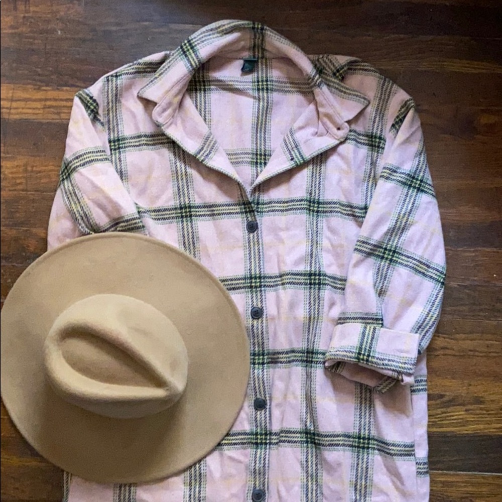 mauve plaid wool blend light flannel jacket